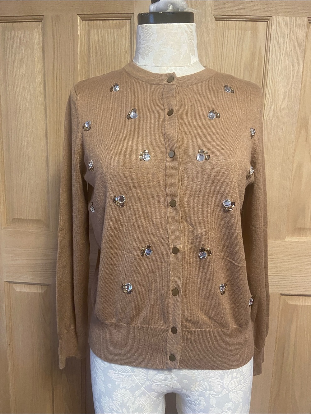 Covington Camel Embellished Crewneck Cardigan